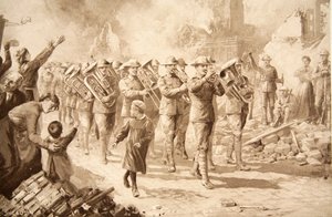 De muziek van triomf: Overwinnende Australiërs die Bapaume binnenkomen, 17 maart 1917 door Charles Mills Sheldon
